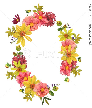 A floral  wreath with vibrant dahlias and leaves. Hand drawn watercolor clip art. 132668787