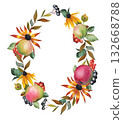 Hand drawn wreath with ripe apples, berries, leaves, flowers. Watercolor illustration. 132668788