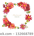 A floral  wreath with red dahlias and leaves. Hand drawn watercolor clip art. 132668789