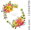 A floral autumn wreath with vibrant dahlias and autumn leaves. Hand drawn watercolor clip art. 132668790