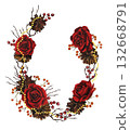 Hand drawn Christmas wreath with red roses, fir cones, red berries, yellow garland. Watercolor illustration. 132668791