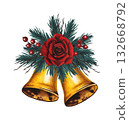 Hand drawn golden bells with a red rose, spruce branches, red berries. Christmas decor. Watercolor illustration. 132668792