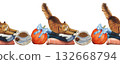 Hand drawn seamless border with a cat on a blanket, a cup of coffee, pumpkins. Watercolor illustration. 132668794