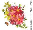 Red dahlias. An arrangement of bright dahlias, autumn leaves,butterfly. Hand drawn watercolor illustration. 132668796