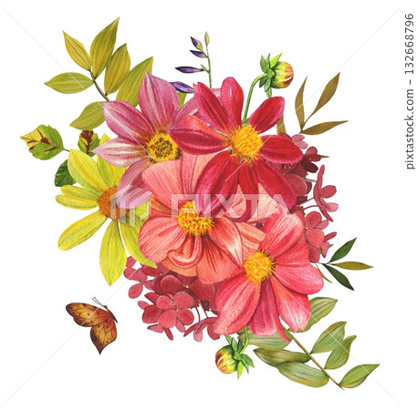 Red dahlias. An arrangement of bright dahlias, autumn leaves,butterfly. Hand drawn watercolor illustration. 132668796