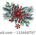 Hand drawn Christmas bouquet with red berries, holly leaves, candy, eucalyptus, and fir branches. Watercolor illustration. 132668797