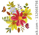 Red and yellow dahlias. An arrangement of bright dahlias, leaves. Hand drawn watercolor illustration. 132668798