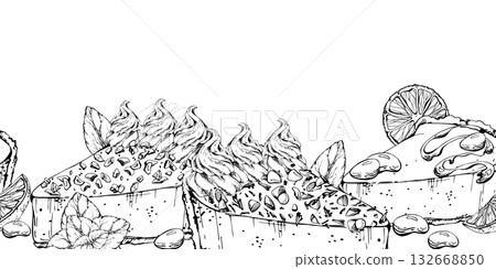 Meringue on cheesecake, chocolate torte with mint leaves, orange wedges, crushed nut garnish, ganache drizzle and cocoa-dusted bonbons. Hand drawn in vector ink. Seamless dessert border banner header. Meringue on cheesecake, chocolate torte with mint leaves, orange wedges, crushed nut garnish, ganache drizzle and cocoa-dusted bonbons. Hand drawn in vector ink. Seamless dessert border banner header. 132668850