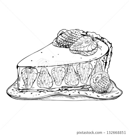 Cheesecake slice with whole and halved strawberries, layered berry sponge cake on a handmade ceramic dish. Hand drawn vector ink isolated illustration. Culinary poster designs, wedding favor cards Cheesecake slice with whole and halved strawberries, layered berry sponge cake on a handmade ceramic dish. Hand drawn vector ink isolated illustration. Culinary poster designs, wedding favor cards 132668851