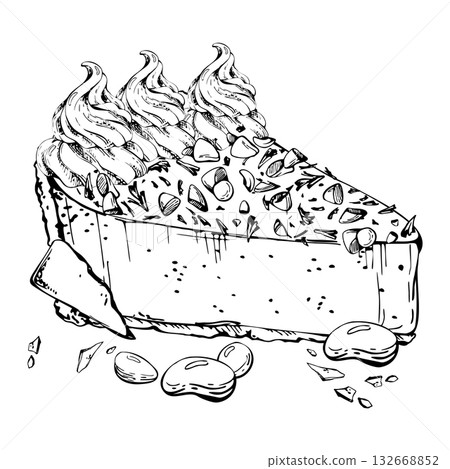 Zephyr meringue, chocolate souffle torte, layered cheesecake portion with whipped cream crown, candy dragees and chips in vector ink. Isolated hand drawn dessert. Patisserie signage, cookbook visuals. Zephyr meringue, chocolate souffle torte, layered cheesecake portion with whipped cream crown, candy dragees and chips in vector ink. Isolated hand drawn dessert. Patisserie signage, cookbook visuals. 132668852