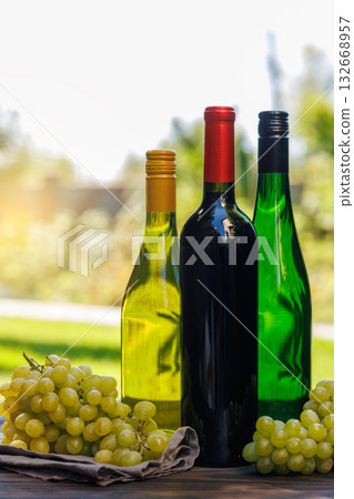 Wine bottles with grapes on a wooden table, glowing with sunny bokeh in the background Wine bottles with grapes on a wooden table, glowing with sunny bokeh in the background 132668957