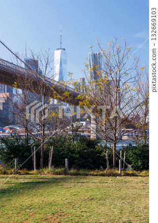 Iconic view of Brooklyn Bridge with Manhattan skyscrapers 132669103