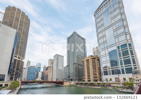 Vibrant view of Chicago downtown skyline under a summer sky 132669121