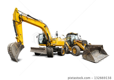 A yellow excavator and loader are parked against an isolated background, preparing for construction work. The machines are equipped with various earthmoving attachments A yellow excavator and loader are parked against an isolated background, preparing for construction work. The machines are equipped with various earthmoving attachments 132669138