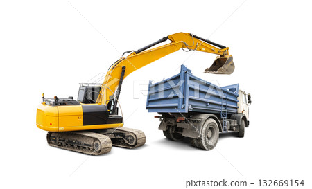 A yellow excavator loads soil and debris into a blue dump truck. Construction equipment rental. Isolated background A yellow excavator loads soil and debris into a blue dump truck. Construction equipment rental. Isolated background 132669154