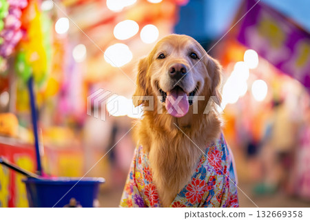 一隻穿著浴衣的金毛尋回犬正在享受夏日祭典 一隻穿著浴衣的金毛尋回犬正在享受夏日祭典 132669358