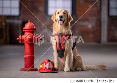 身穿消防員制服的黃金犬 132669368