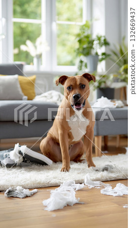 A mischievous dog and a messy living room 132669437