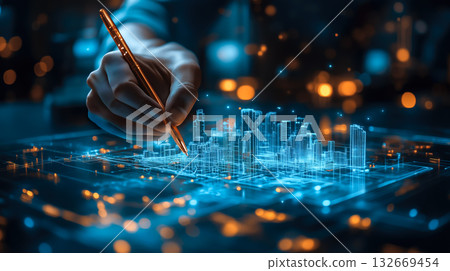 An architect brings architectural designs to life with 3D holographic construction models. Generative AI. An architect brings architectural designs to life with 3D holographic construction models. Generative AI. 132669454