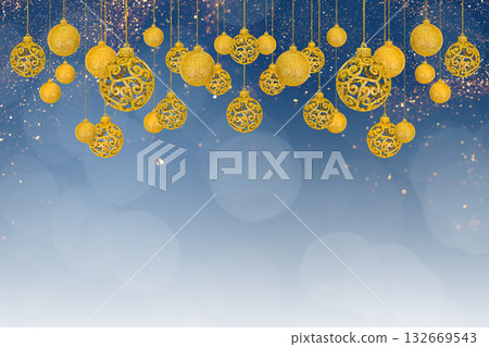 Christmas tree baubles on blue background with white snow and golden lights. Festive winter holiday background. Design with copy space for greeting card, text, advertising, banner, invitation Christmas tree baubles on blue background with white snow and golden lights. Festive winter holiday background. Design with copy space for greeting card, text, advertising, banner, invitation 132669543