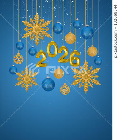 Christmas and New Year card for 2026. Golden numbers 2026, a golden snowflake, a star and snowflakes on a blue background with space for greetings, labels and your design. 132669544