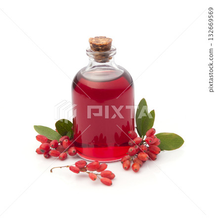 Berberine syrup with berberine plant on white backgrounds. Healthy food ingredient Berberine syrup with berberine plant on white backgrounds. Healthy food ingredient 132669569
