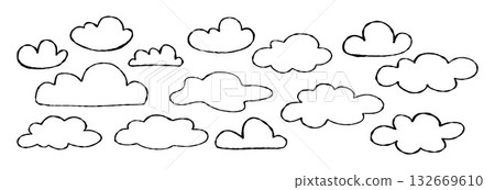 Outline Crayon Clouds set. Curvature Chalk Textured Freeform Hand Drawn. Isolated Childish naive Doodles on White Background. Vector illustration. Not AI 132669610
