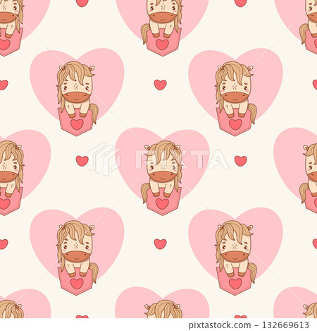 Seamless pattern. Romantic Cute Little Horse in Pocket on white background with Hearts. Funny Holiday Animal Pony Kawaii Valentine character. Vector illustration. Kids collection. Not AI Seamless pattern. Romantic Cute Little Horse in Pocket on white background with Hearts. Funny Holiday Animal Pony Kawaii Valentine character. Vector illustration. Kids collection. Not AI 132669613
