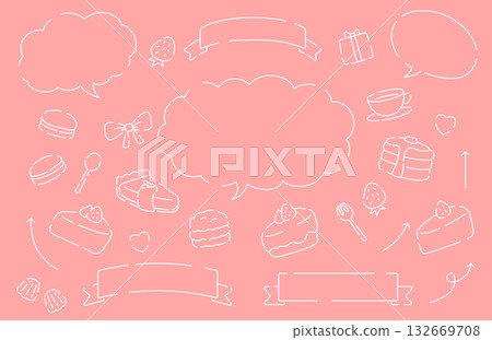 A set of hand-drawn cafe cakes and desserts, speech bubbles and ribbons 132669708