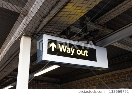 Underground Station 'Way out' Sign with Arrow - Metro Platform Directional Guidance Underground Station 'Way out' Sign with Arrow - Metro Platform Directional Guidance 132669751