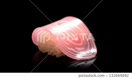 Japanese minimalist. the delicate pattern on a piece of pickled ginger (gari), its thin, translucent layers and pale pink color, against a completely black  132669892