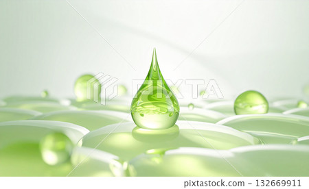 透明的綠色美顏液滴和護膚細胞表面的3D影像,展現出更佳的保濕和屏障功能。 透明的綠色美顏液滴和護膚細胞表面的3D影像,展現出更佳的保濕和屏障功能。 132669911