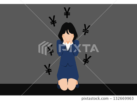 Illustration of a woman suffering from money Illustration of a woman suffering from money 132669963