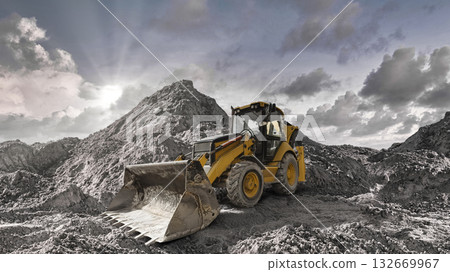 A yellow backhoe loader works intensely on a mining site, moving earth and gravel as dark clouds gather and sunlight peeks through, creating a stunning backdrop 132669967