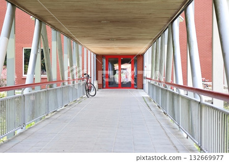Modern Covered Walkway with Red Double Doors and Bicycle 132669977