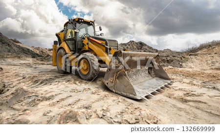 A yellow backhoe loader operates on a gravel surface, moving dirt and debris under an overcast sky, showcasing the power of construction machinery in action A yellow backhoe loader operates on a gravel surface, moving dirt and debris under an overcast sky, showcasing the power of construction machinery in action 132669999