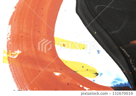 Vibrant thick red black and yellow acrylic paint splashes lines and swirls on a white background 132670019