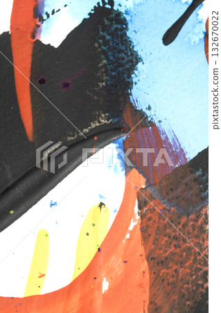 Vibrant thick red black and yellow acrylic paint splashes lines and swirls on a white background 132670022