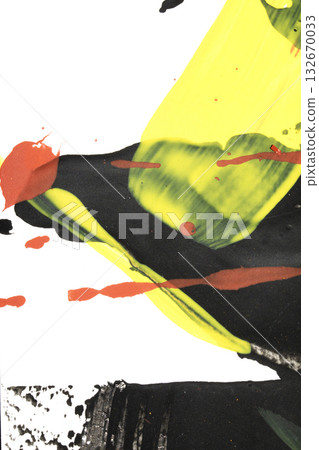 Vibrant thick red black and yellow acrylic paint splashes lines and swirls on a white background 132670033