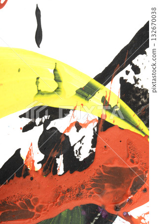 Vibrant thick red black and yellow acrylic paint splashes lines and swirls on a white background Vibrant thick red black and yellow acrylic paint splashes lines and swirls on a white background 132670038