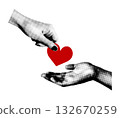 Two hands exchanging a red heart symbol. Black and white vector halftone illustration isolated on a white background. Conceptual for charity, medicine, kindness, love, and health. 132670259