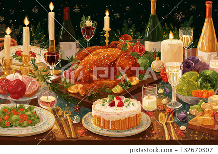 一幅精美的烤雞和蛋糕聖誕晚餐插圖 132670307