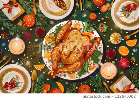 Colorful Christmas dinner table illustration Colorful Christmas dinner table illustration 132670308