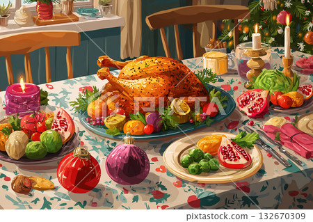 Christmas illustration of roast chicken on a colorful dining table Christmas illustration of roast chicken on a colorful dining table 132670309