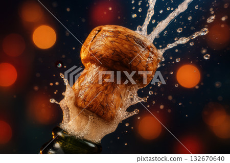 Champagne Cork Exploding With Splashing Bubbles And Party Lights 132670640