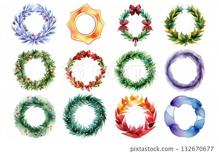 Watercolor set of festive Christmas wreaths Watercolor set of festive Christmas wreaths 132670677