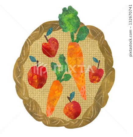 籃子裡蘋果和胡蘿蔔的拼貼風格插圖 籃子裡蘋果和胡蘿蔔的拼貼風格插圖 132670741