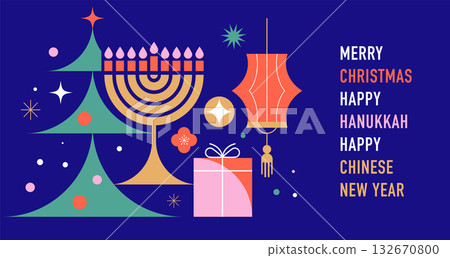 Abstract geometric Happy Holidays greeting for Christmas, Hanukkah and Chinese New Year 132670800