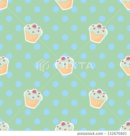 Seamless vector pattern or texture with little cupcakes, blueberry muffins, sweet cake on mint green background. 132670801