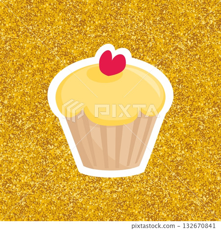 Hand drawn vector decorative muffin on golden glitter background 132670841